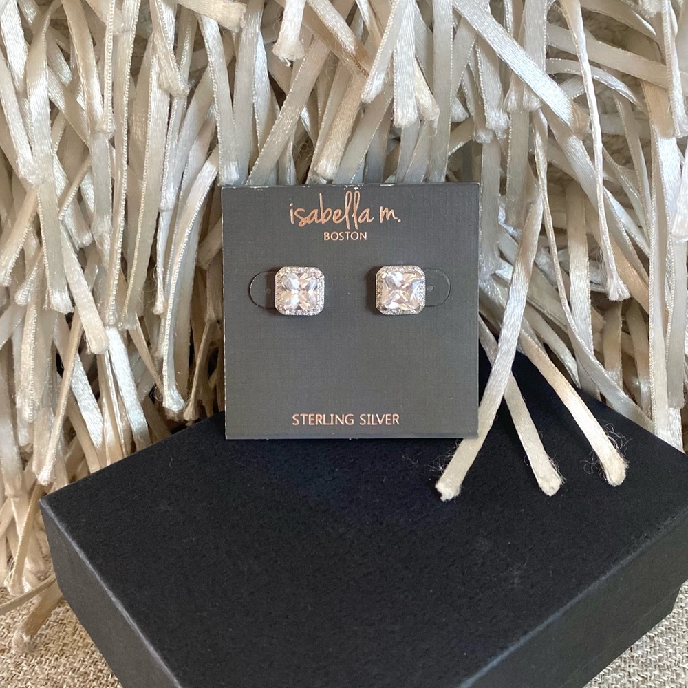🪞 NEW square cushion cut crystal halo brilliant earrings set in sterling silver